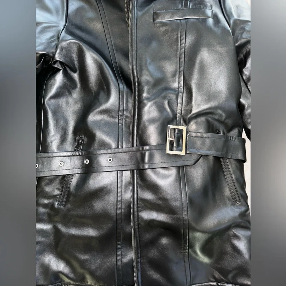 VEILED -Reversible Vegan Leather Sherpa Aviator Coat - Black - Picture 8 of 9